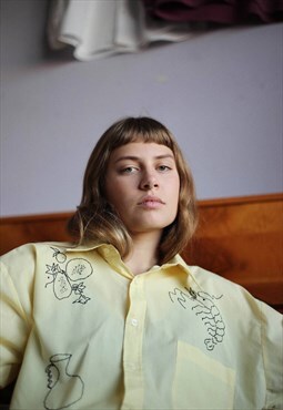 Hand Embroidered Unisex Oversized Shirt in Yellow