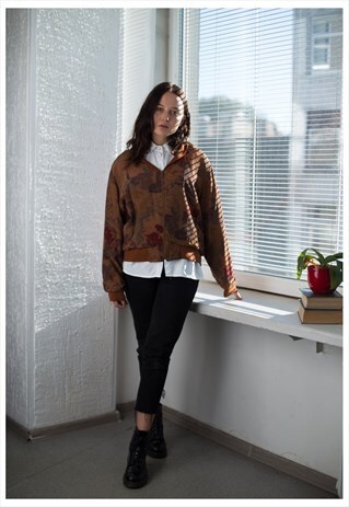 VINTAGE 80'S BROWN ABSTRACT PRINT BOMBER JACKET