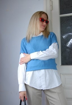 Vintage y2k crochet jumper t-shirt summe vest in pastel blue