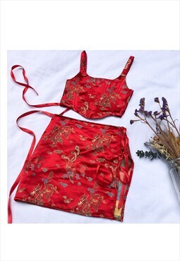 Handmade chinese dragon lace up side split skirt 
