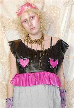 Faux Leather Grunge Punk Crop Top With Pink Hearts L/XL