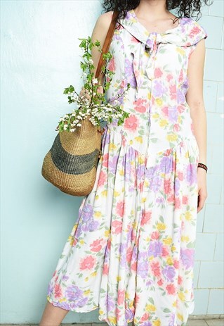VINTAGE 90S MINIMALIST FLORAL FESTIVAL BOHO CHIC MIDI DRESS