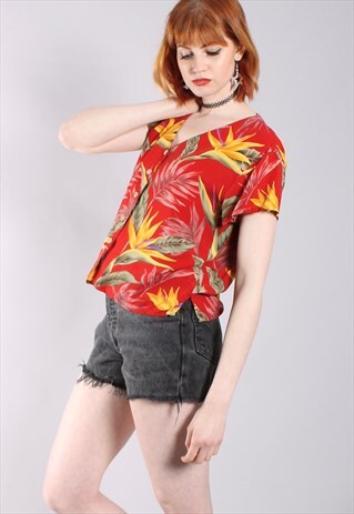 VINTAGE 80S RED HAWAIIAN PATTERNED BUTTON TOP BLOUSE