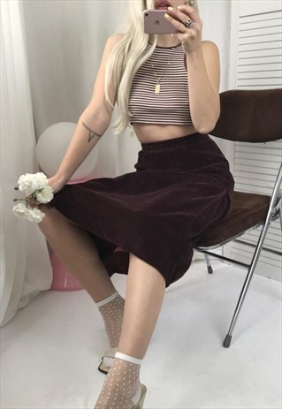 VINTAGE 1970S HIGHWAISTED BROWN CORDUROY MIDI A-LINED SKIRT