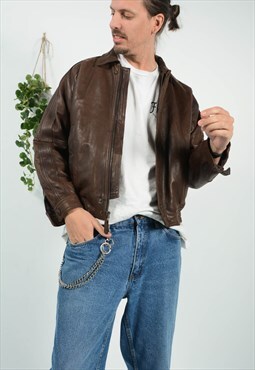 Vintage 90s Leather Jacket Brown Bomber