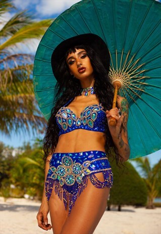 BLUE FESTIVAL SET SEQUIN BEADED RAVE COACHELLA
