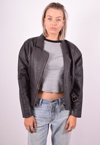 WOMENS VINTAGE FAUX LEATHER JACKET MEDIUM BLACK 90'S