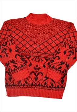 Vintage Knitted Jumper Retro Pattern Red/Black Ladies Medium