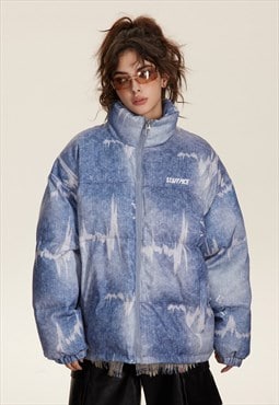 Denim wash bomber distressed denim feel winter jacket blue