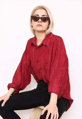 VINTAGE 90S RED SILK OVERSIZED BLOUSE SHIRT