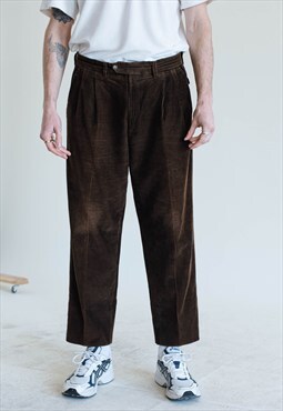 Vintage 90s Straight Leg Pleated Brown Corduroy Trousers 
