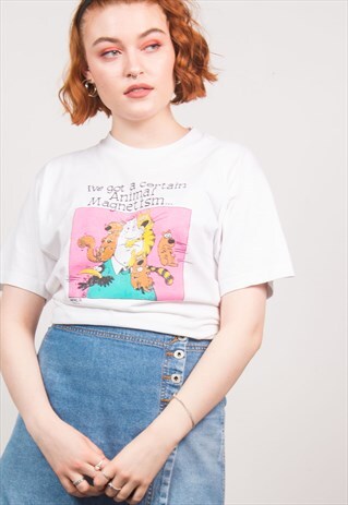 VINTAGE 90'S WHITE ANIMAL SKETCH PRINT CUTE T-SHIRT
