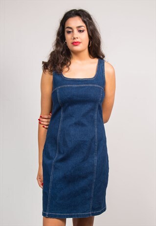 VINTAGE 90'S DARK BLUE DENIM PINAFORE MINI DRESS