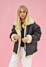 Aviator Sheepskin Flying Jacket in Brown Leather Vintage 80s