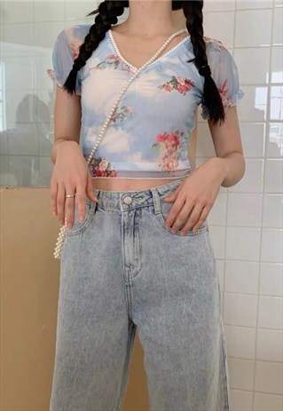 ANGEL PRINT Y2K CROP TOP BLUE