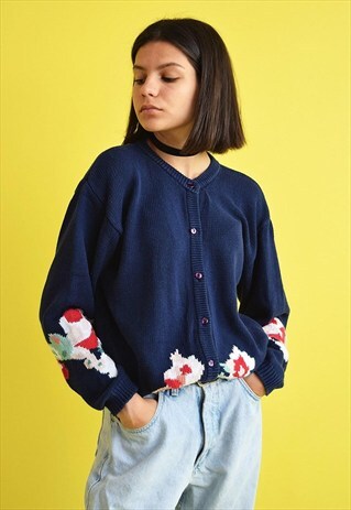 80'S RETRO ABSRACT FLORAL OVERSIZED MOM'S KNITTED CARDIGAN