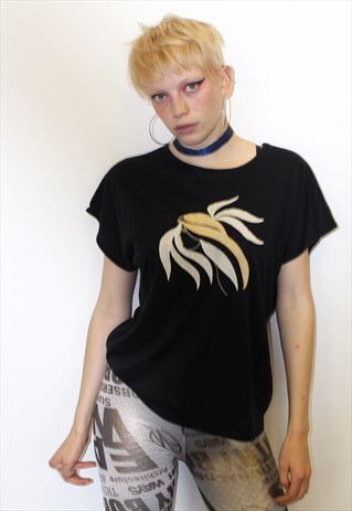 80S VINTAGE HIPSTER PUNK EMBROIDERED BLACK GOLD ANGEL TEA