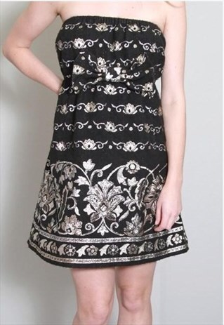 VINTAGE 1960'S BROCADE REWORKED BLACK AND GOLD BANDEAU DRESS