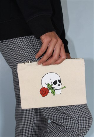 HAND PAINTED CUSTOM CLUTCH BAG SKULL AND ROSE