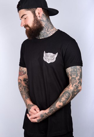 OWL MANDALA BLACK LONG LINE T-SHIRT