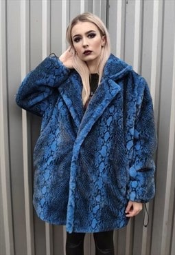 Snake fleece coat handmade detachable python bomber blue