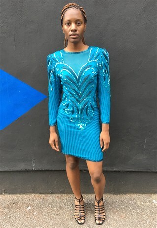 1980'S TURQUOISE SILK AND SEQUIN DRESS