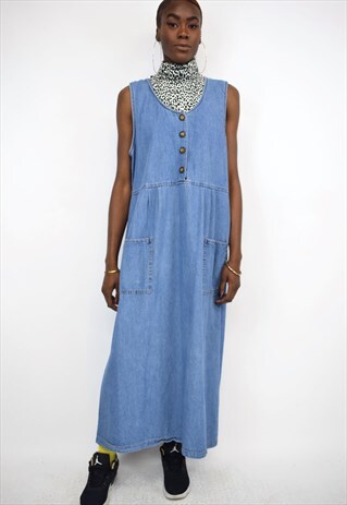 VINTAGE 90S DENIM BUTTON POCKET MAXI DRESS