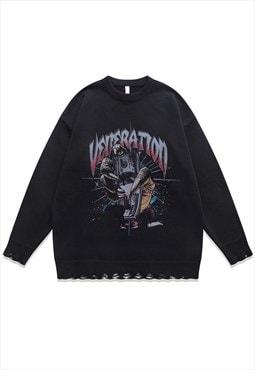Monster sweater knitted distressed money print jumper black