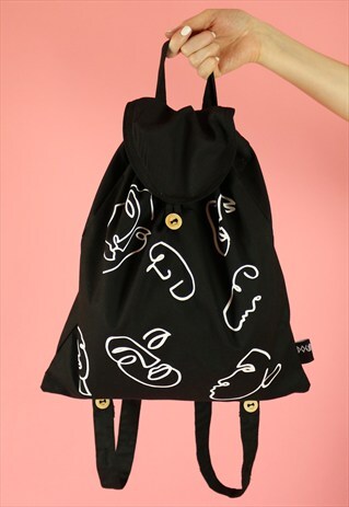 FACES PRINT COTTON BACKPACK - WHITE ON BLACK