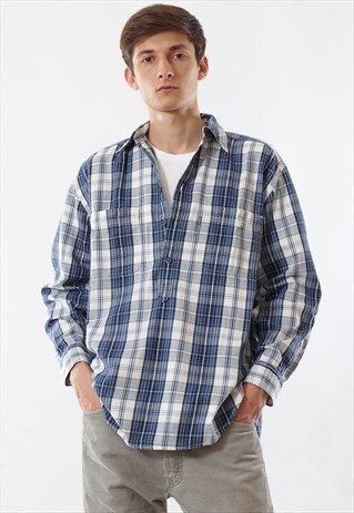VINTAGE LEVIS PULLOVER 90S BLUE PLAID CHECK LONG SLEEVE