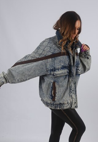 VINTAGE DENIM BOMBER JACKET OVERSIZED ACID WASH UK 16 (KBV)