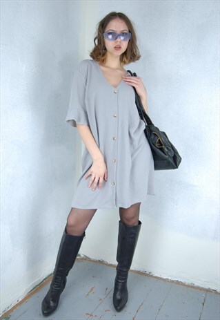 VINTAGE Y2K LIGHT GREY BAGGY INDIE SHORT SUMMER SHIRT DRESS
