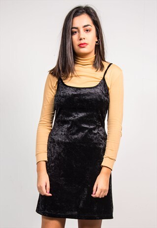 90'S VINTAGE BLACK CRUSHED VELVET STRAPPY SLIP MINI DRESS