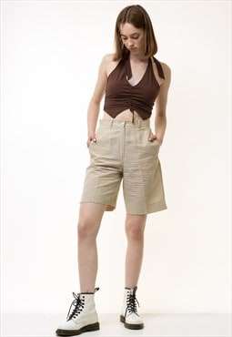 Pleated Beige High Waisted Woman Cotton Shorts 5427