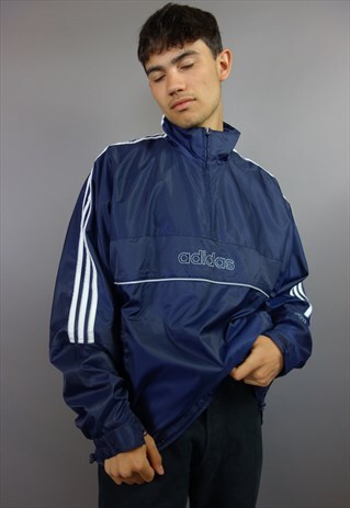 90'S NAVY ADIDAS SPELL OUT WINDBREAKER WITH STRIPED SLEEVES
