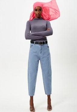 Mid Wash Belted Mom Jeans With Belt