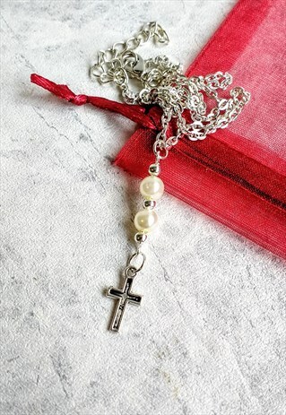 HANDMADE TRADITIONAL CROSS FAUX PEARL NECKLACE