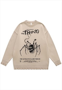 Spider sweater creepy knit distressed horror jumper in beige