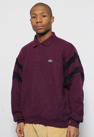 VINTAGE LACOSTE BUTTON UP POLO NECK JUMPER PURPLE