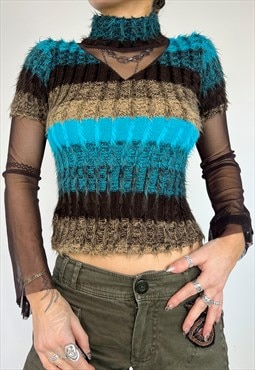 Vintage 90s Top Knit Mesh Sheer Layered Boho Fairycore Y2k 