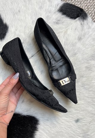 Dior Flat Shoes Pumps Black Logo Pointed Toe 36 / 3 Vintage