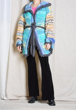 VINTAGE 80S COLOURFUL PASTEL KNIT BELL SLEEVE CARDIGAN