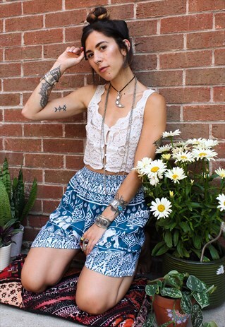 FAIRTRADE UNISEX TEAL ELEPHANT HIPPIE SHORTS