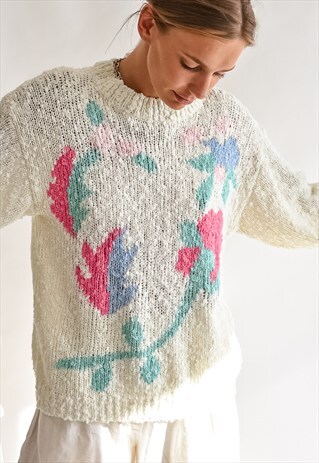 VINTAGE 80S FLORAL PATTERN YARN JUMPER