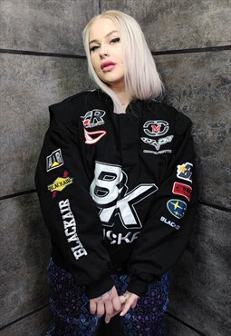 Motorcycle denim jacket patch padded Racer bomber in black
