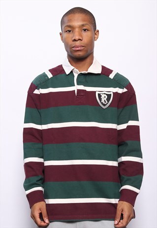 VINTAGE POLO RALPH LAUREN LOGO STRIPED RUGBY SHIRT GREEN RED