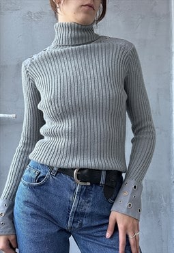 Vintage 90s 00s Classy Grey Chunky Ribbed Embellished Jumper