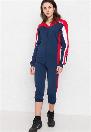 VINTAGE BLUE RED HAGENFELDT LONG SLEEVE PLAYSUIT JUMPSUIT