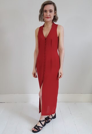VINTAGE 90'S RED BUTTON DOWN DRESS W/ HIGH FRONT SPLIT