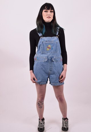 VINTAGE 80'S BLUE DENIM DUNGAREE SHORTS SIZE MEDIUM